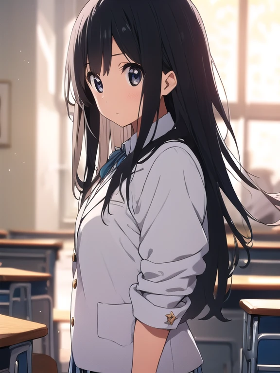 mioakiyama, mio akiyama, long hair, bangs, black hair, (black eyes:1.3), hime cut,
BREAK sakuragaoka high , , uniform, blazer, shirt, white shirt, collared shirt, skirt, pleated skirt,
BREAK indoors, classroom,
BREAK looking at viewer, (cowboy shot:1.5),
BREAK (masterpiece:1.2), best quality, high resolution, unity 8k wallpaper, (illustration:0.8), (beautiful detailed eyes:1.6), extremely detailed face, perfect lighting, extremely detailed CG, (perfect hands, perfect anatomy),