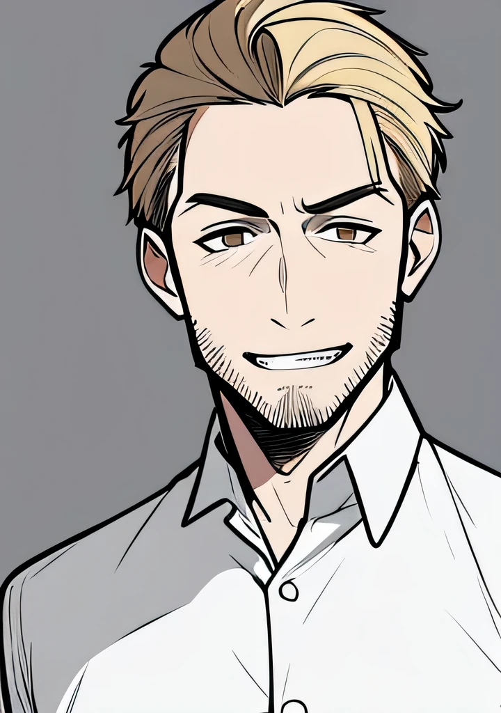 One 45 year old Adult male, handsome, brownish blonde short hair parted down the middle, side burns, stubble, brown eyes, cocky overconfident and murderous expression, shit eating grin, wearing white collared shirt, portrait style, facing forwards, plain grey background 