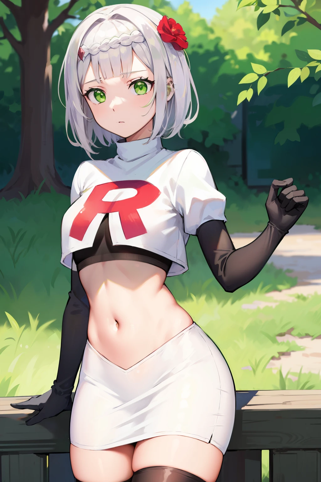 genshinnoelle, noelle, braid, flower, hair flower, hair ornament, short hair, silver hair, (green eyes:1.5),team rocket,team rocket uniform,white skirt,red letter R,crop top,black thigh-highs,black elbow gloves 