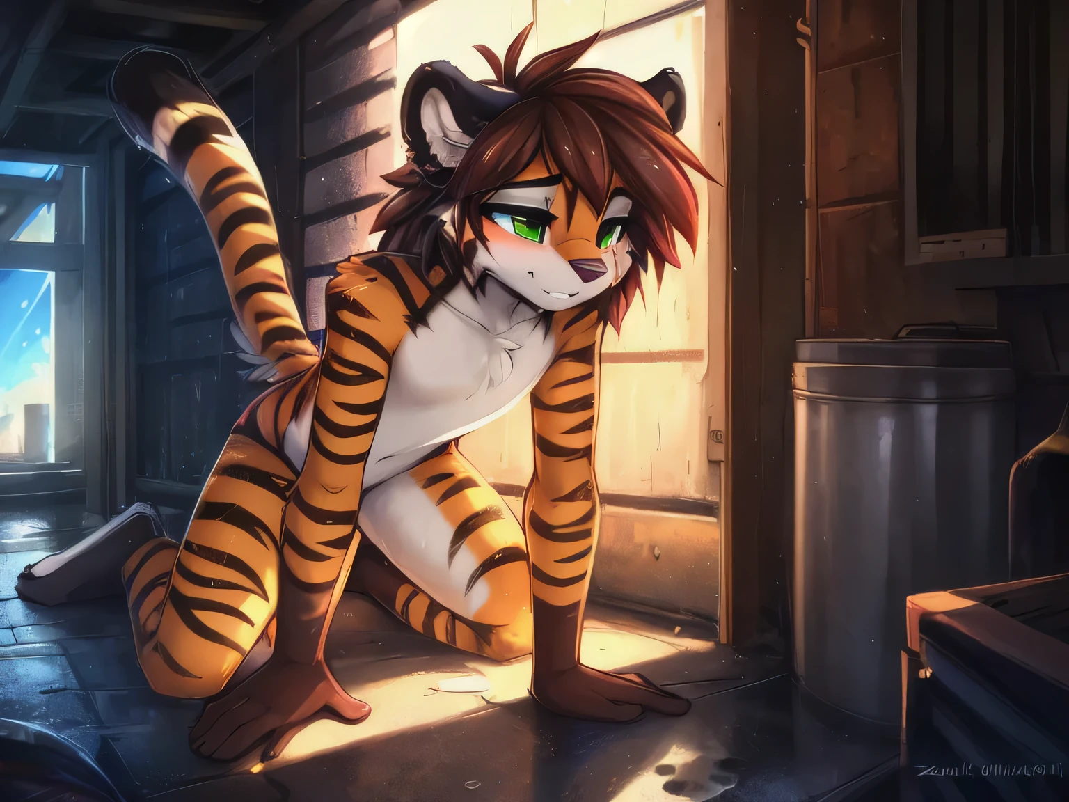 by Kenket, Ross Tran, Ruenjia, Sauce, Fogoff, by zackary911, by Hyatt Lane, Running Place, by Fumiko, by Pixelsketcher, by Bayard Wu, by Toma S. S. Benjamin Kennington, by Einhelm, by Gilinah, by Coffee soda, by Hioshiru, by Pui-Kevlar, by r-mk, by Dimwitdog , Alone, successfully installed e621..., beautiful and detailed portrait of a man ((man))) anthro tiger, movie light, charming, with, tiger, thighs, slim, full body, beautiful, messy hair, Brown hair, young man, male (18 years old), green eyes, basement, white underwear, crawling on all fours, tired expression, weak, willing to be a slave (stuck in concrete) (soaked leg in concrete, soaked arm in concrete)