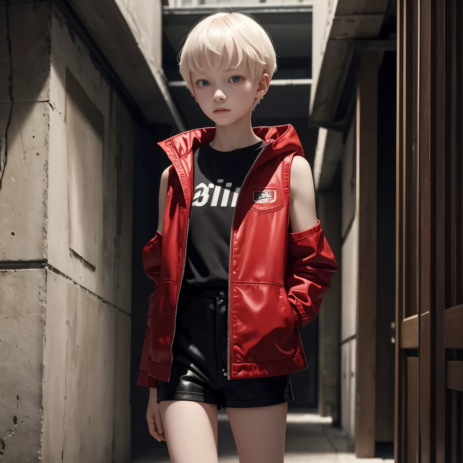 appearence a 13 years old teenage girl,red eyes,albino,calm,quiet,cute,pretty,full body,looking ahead,short hair combed back,red outfit,black short,sleeveless jacket