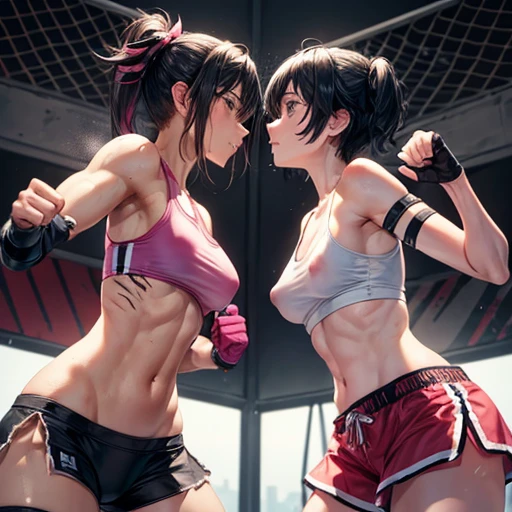 Two beautiful female fighters. They are fighting in the octagon. One is attacking the other one-sidedly. Very sweaty. Torn and tattered tank top and spats, open finger gloves. Erect pink nipples. Short-cut black hair.