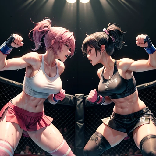 Two beautiful female fighters. They are fighting in the octagon. One is attacking the other one-sidedly. Very sweaty. Torn and tattered tank top and spats, open finger gloves. Erect pink nipples. Short-cut black hair.