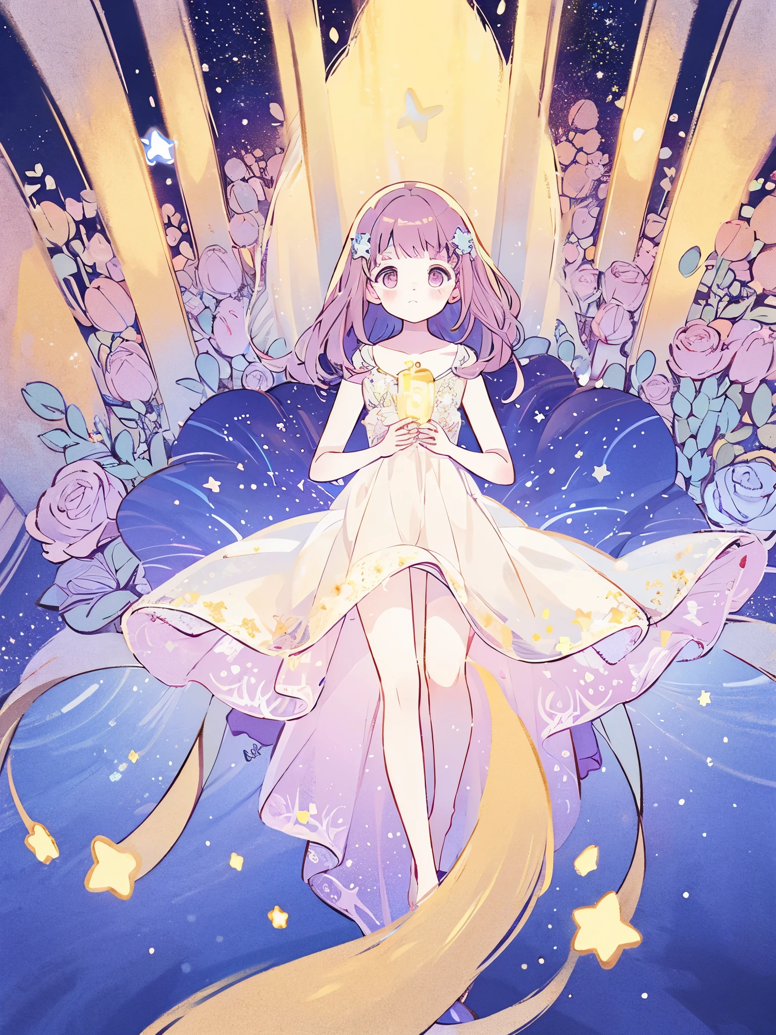 masterpiece, best quality, sharp focus, intricate details, complex background, wishing star background, a woman wearing an ethereal mystical pink translucent dress that reflects the stars, perfume promo art, mystic, complex drawing, highly detailed, Covergirl brand, promo art, artistic rendition, ethereal, starry night, midjourney style, perfection, golden ratio