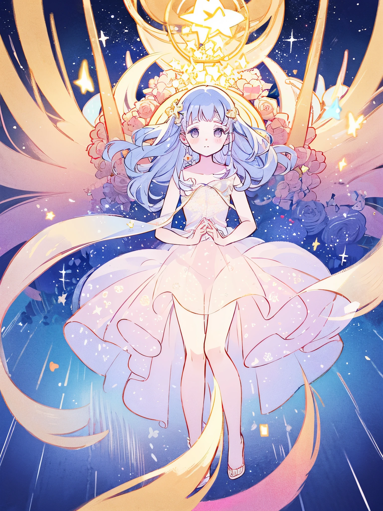 masterpiece, best quality, sharp focus, intricate details, complex background, wishing star background, a woman wearing an ethereal mystical pink translucent dress that reflects the stars, perfume promo art, mystic, complex drawing, highly detailed, Covergirl brand, promo art, artistic rendition, ethereal, starry night, midjourney style, perfection, golden ratio