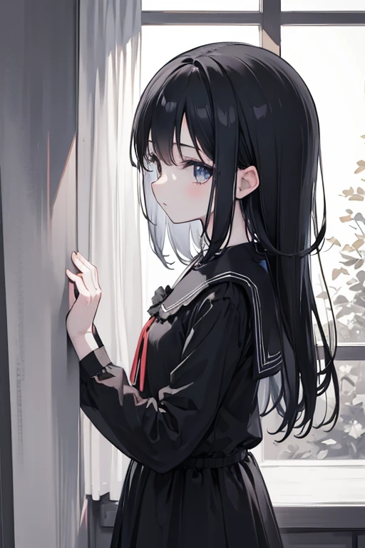 monochrome,masterpiece, illustration, best quality, best aathetic,a Girl with her hand on the windowpane,6 years old,from side,close up hand,black hair ,solo,