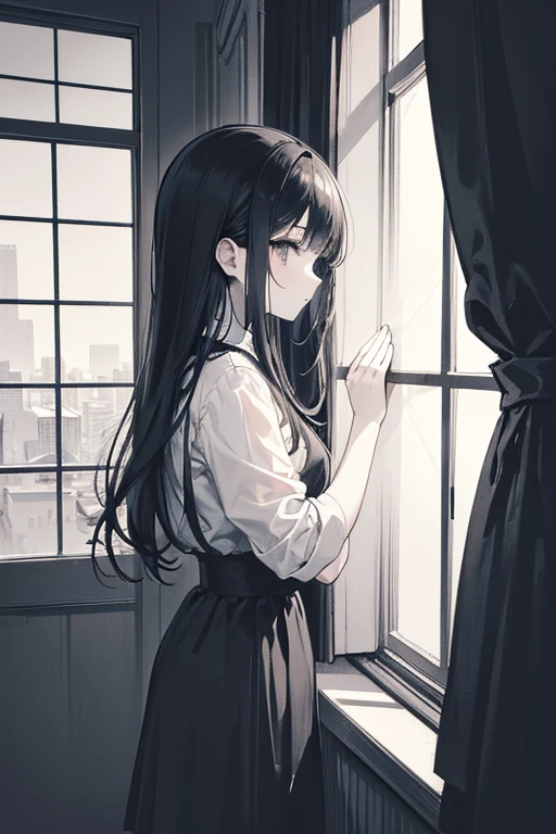 monochrome,masterpiece, illustration, best quality, best aathetic,a Girl with her hand on the windowpane,,from side,close up hand,black hair ,solo,