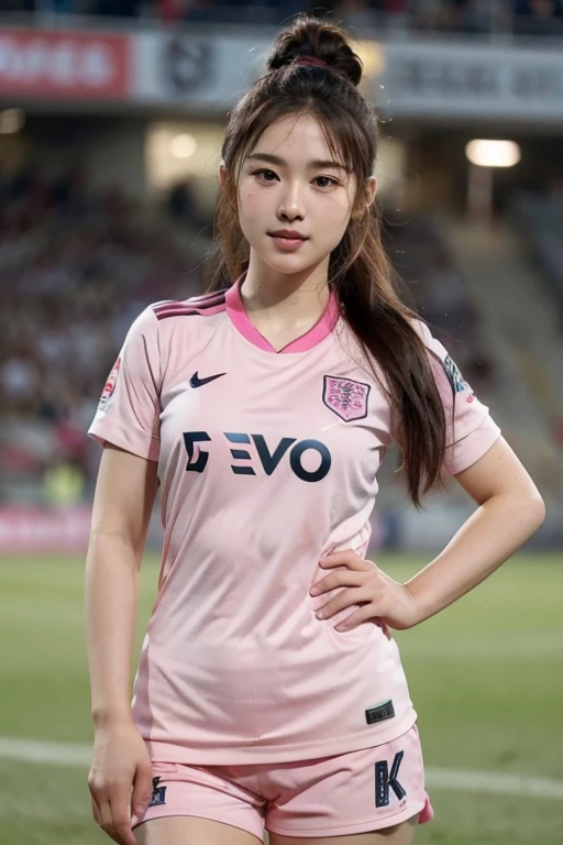 beautiful detail, best quality, 8k, highly detailed face and skin texture, high resolution, cute asian girl in pink soccer uniform at stadium, sharp focus