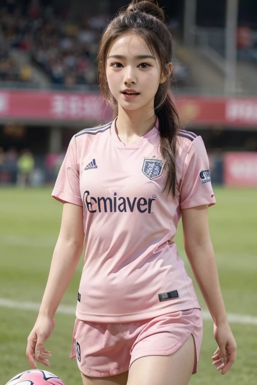 beautiful detail, best quality, 8k, highly detailed face and skin texture, high resolution, cute asian girl in pink soccer uniform at stadium, sharp focus