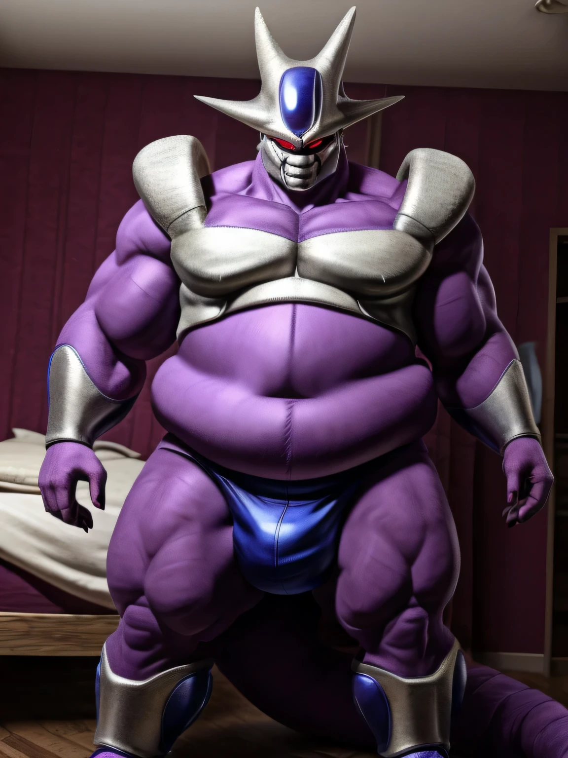 A solo tall male (obese:1.4) anthro Cooler, standing, bedroom, realistic, bulge, clothed, hi res, Sfw:1.2