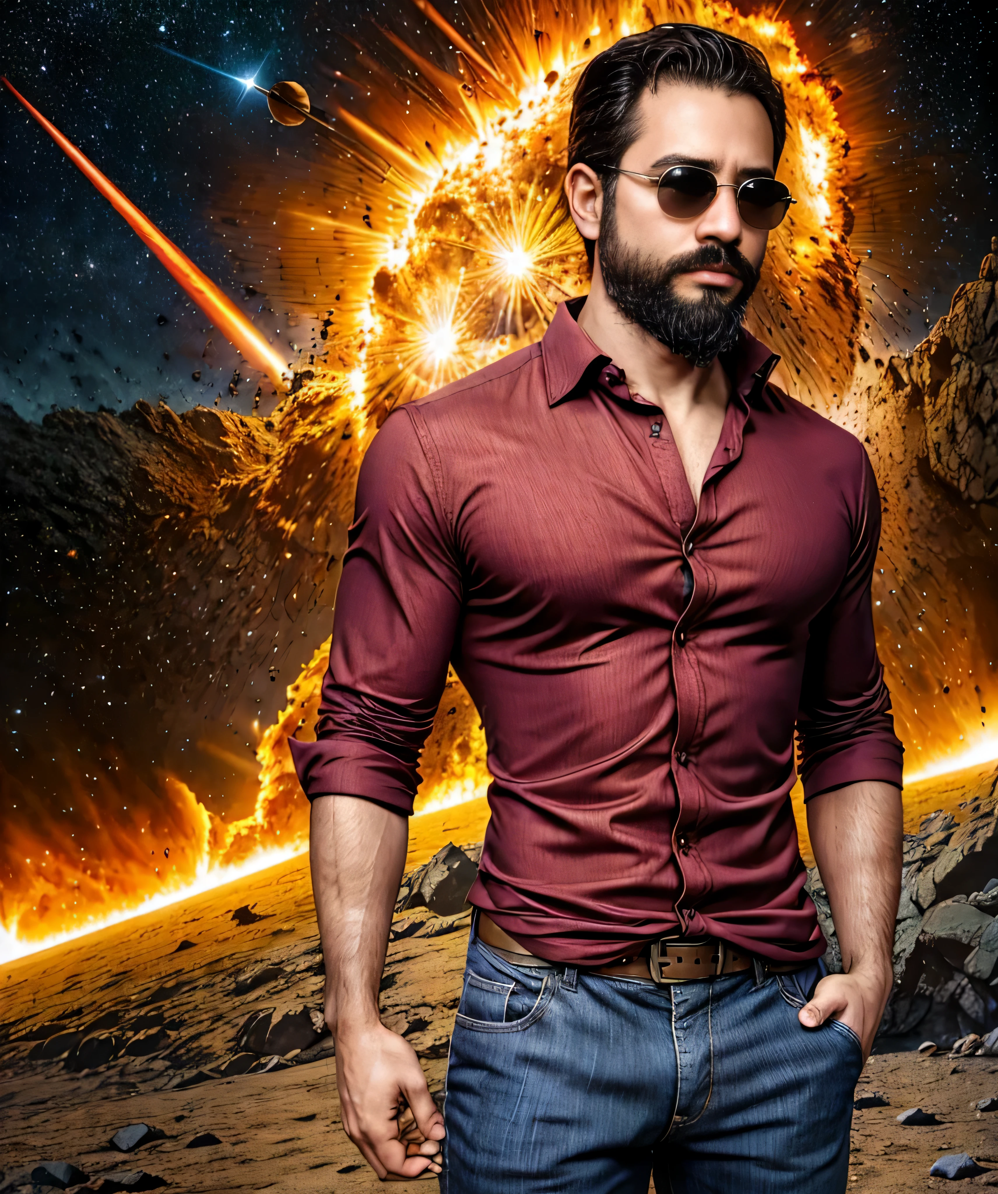 Obra maestra, desenfoque de campo, Parte superior del cuerpo, Hands in pants pockets, 38 year old man with beard and square sunglasses.. Man in a cherry shirt in a space movie with a solar explosion in the background.