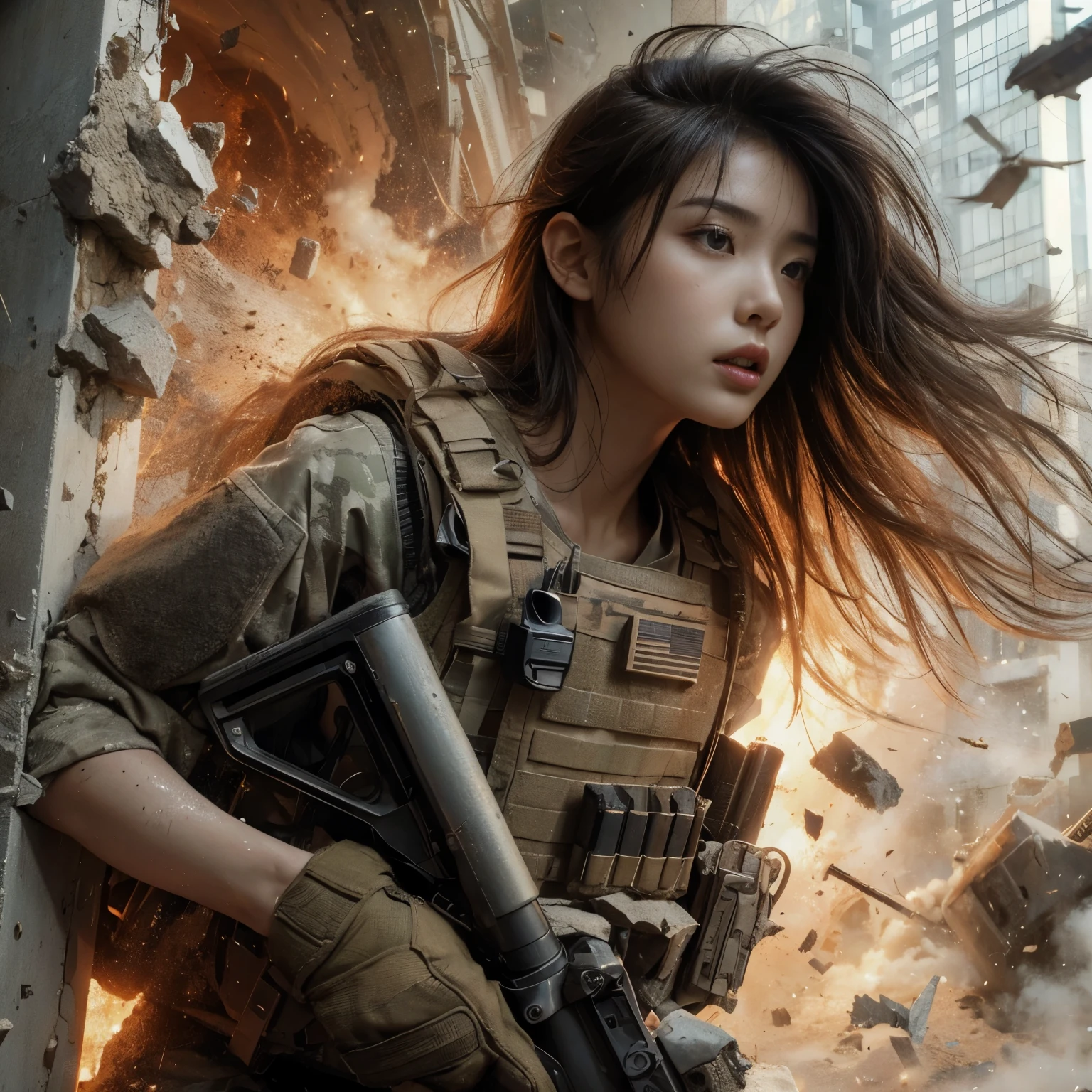 8K, realistic photo, realistic skin texture, Beautiful Japanese women in the US military、Outside the building、explosion、Close call、Walls bursting with debris、They are shouting to evacuate immediately.、Automatic rifle、Bulletproof vest、Back Back、boots、Covered in scars、Grim expression、Dynamic pose、Innovative composition、Dust is flying、fiction