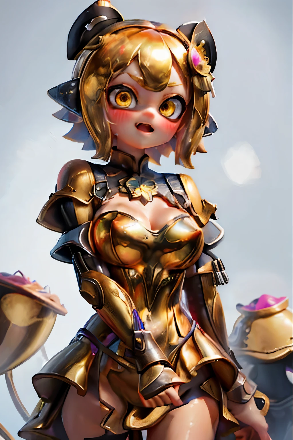 splatoon girl、3D、real anime、(from the front)、(((super close up of mouth)))、Body of Molten Gold、Liquid Metal Girl、liquid skin、Slime Girl、View audience、Golden tentacle hair、Long twin-tailed tentacle hair、(Laugh with your mouth wide open)、Big Breasts、Cleavage、Armor Dress、Gold and pink armor、cheek、lipstick、Big and pretty eyes、Golden Eyes、Shining Eyes、blush、Photos for increasing your luck、Lucky Gold