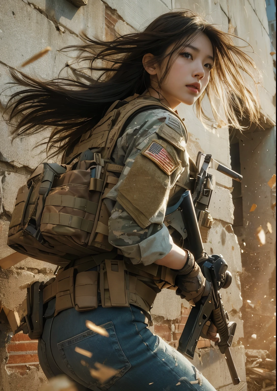 8K, realistic photo, realistic skin texture, Beautiful Japanese women in the US military、Outside the building、explosion、Close call、Walls bursting with debris、They are shouting to evacuate immediately.、Automatic rifle、Bulletproof vest、Back Back、boots、Covered in scars、Grim expression、Dynamic pose、Innovative composition、Dust is flying、fiction