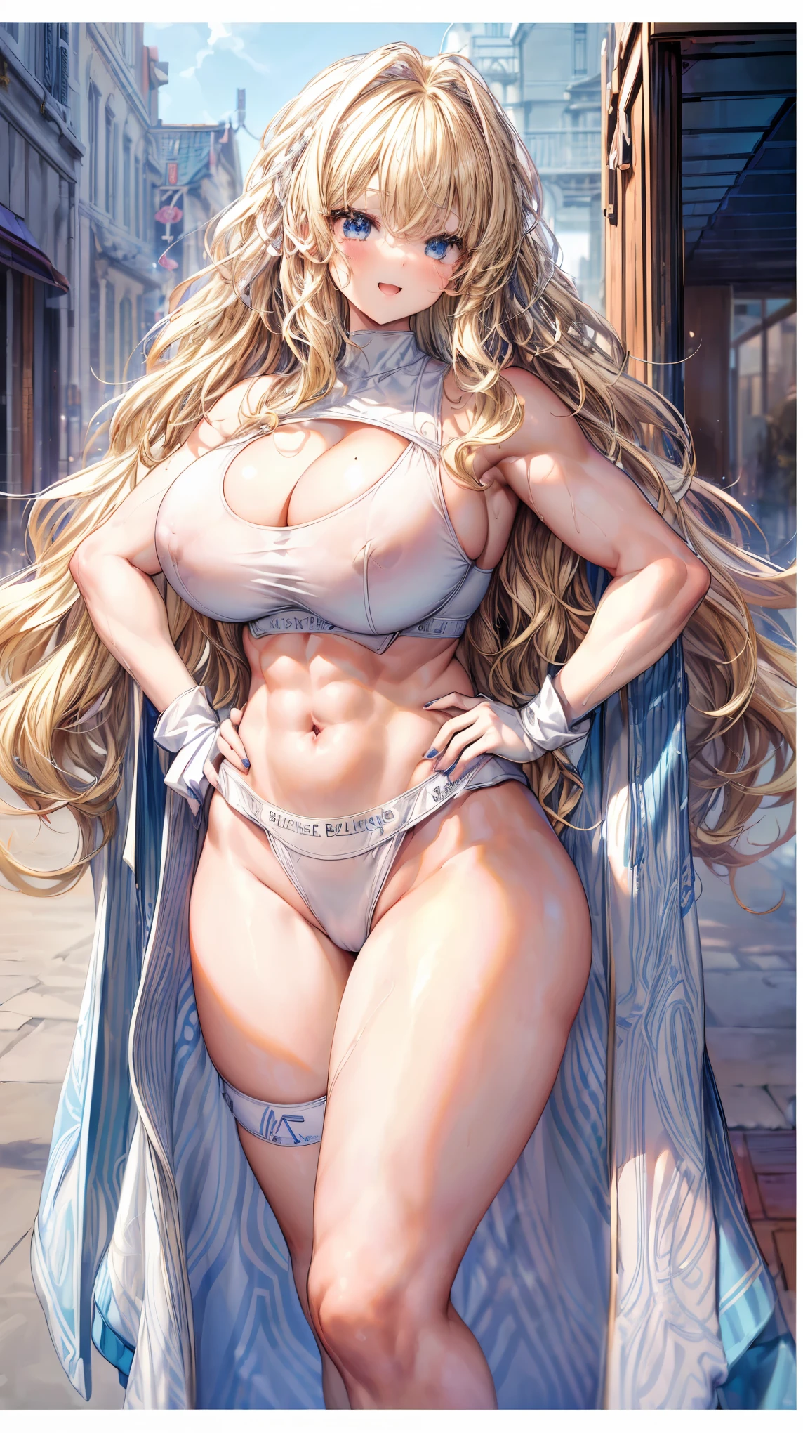 Super detailed、highest quality、Best image quality、masterpiece、8K、Anime Face、A kind smile、Open Mouth、Sparkling Blue Eyes、(Blonde wavy hair:1.5)、(SFW huge body:1.2)、(She is wearing a white high-cut thong.:1.5)、Muscles of the whole body、(In underwear:1.5)、Hands on hips
