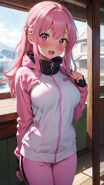mastute piece,Best Quality,insanely detailed,8k cg,
shoot upper body,
1woman,18age,standing,body in front,looking at viewer,(pink ski-wear,pink pants),break,
blush,shy,(trembling:1.2),pink hair,break,open mouth,large breast,ski-resart,ski-slope,snow,