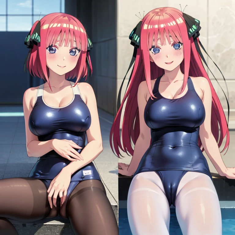 best quality, ultra-detailed masterpiece, anime art style, cute characters, nino nakano, one-piece swimsuit, large , pantyholush, smile, pussy focus