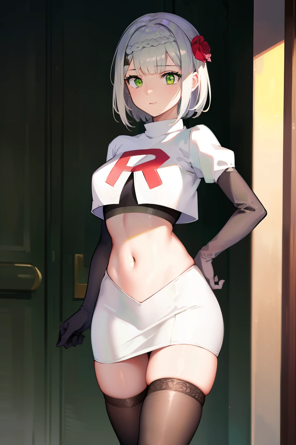 genshinnoelle, noelle, braid, flower, hair flower, hair ornament, short hair, silver hair, (green eyes:1.5),team rocket,team rocket uniform,white skirt,red letter R,crop top,black thigh-highs,black elbow gloves 