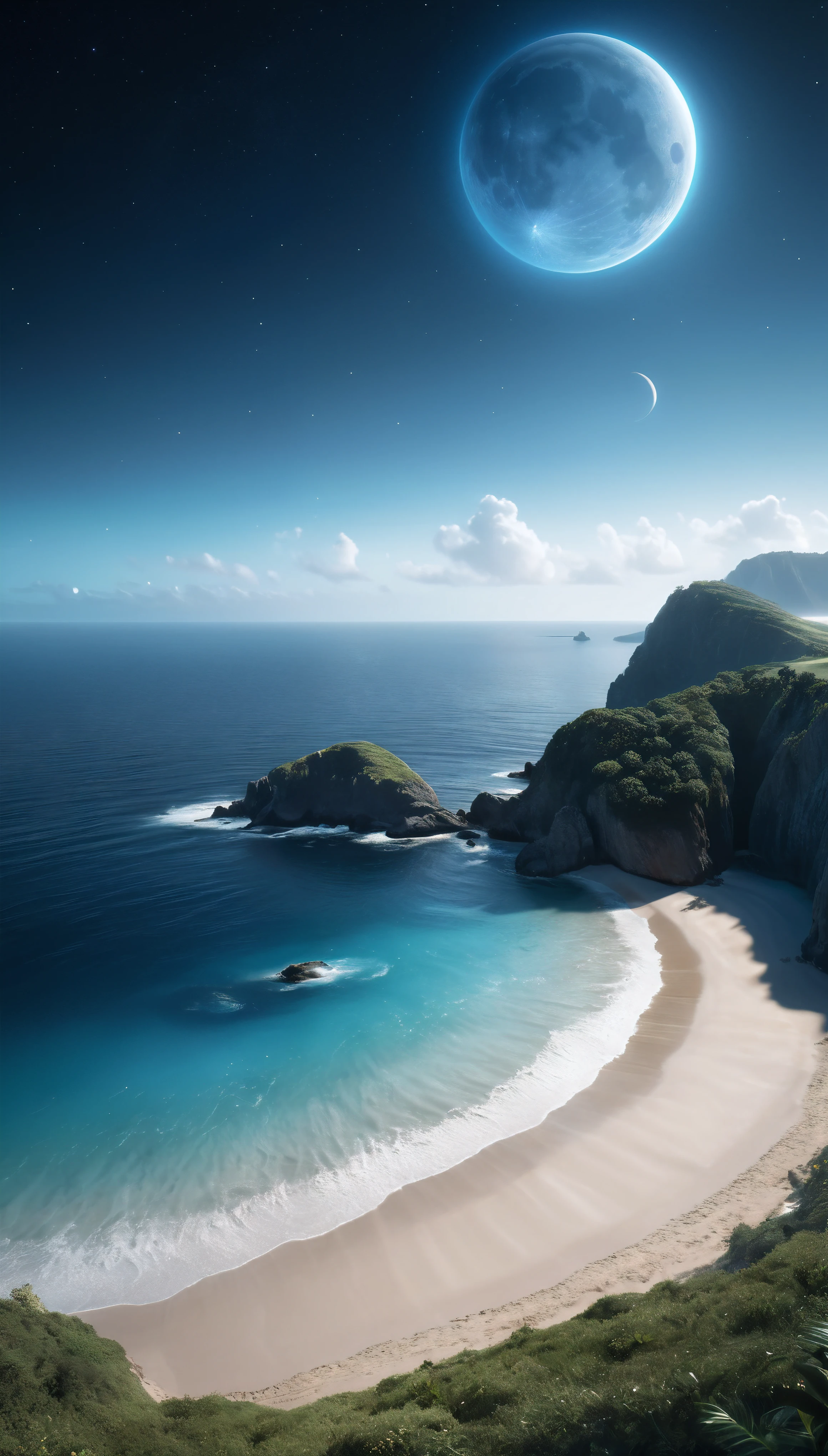 ((Masterpiece in maximum 16K resolution):1.6),((soft_color_photograpy:)1.5), ((Ultra-Detailed):1.4),((Movie-like still images and dynamic angles):1.3), ((Ultra wide angle):1.5),((fisheye lens photo):1.3). | (Cinematic photo of Beautiful Glowing Blue Beach Landscape), (Nearby Moons with visible ocean), (majestic ocean), ((tyndall effect):1.1), ((exotic night sky):1.2), ((sense of discovery):1.1), (shimmer), (visual experience), (Realism), (Realistic), award-winning graphics, dark shot, film grain, extremely detailed, Digital Art, rtx, Unreal Engine, scene concept anti glare effect, All captured with sharp focus.
Rendered in ultra-high definition with UHD and retina quality, this masterpiece ensures super detail. With a focus on high quality and accuracy, this award-winning portrayal captures every nuance in stunning 16k resolution, immersing viewers in its lifelike depiction.
((perfect_composition, perfect_design, perfect_layout, perfect_detail, ultra_detailed)), ((enhance_all, fix_everything)), More Detail, Enhance.