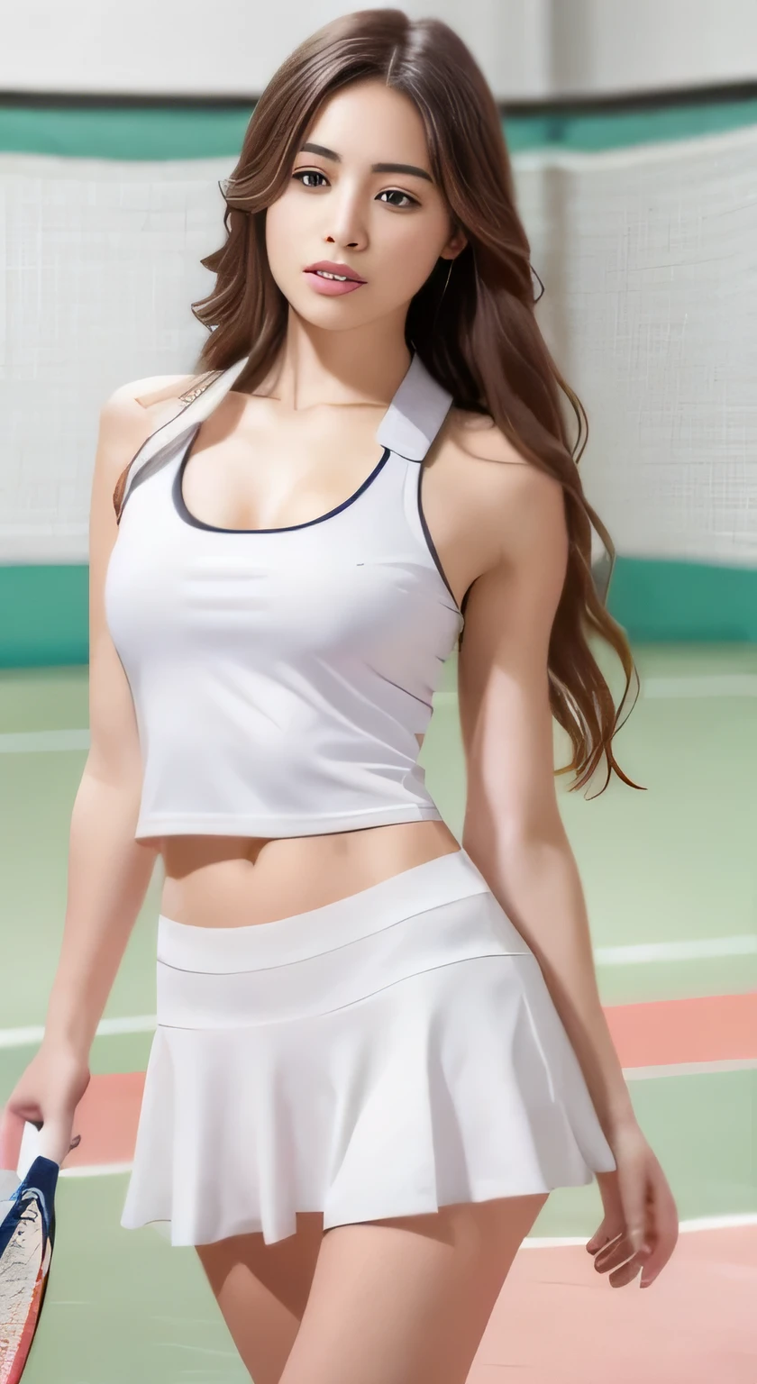 (8k, highest quality, masterpiece: 1.2), (Realistic, Realistic: 1.37), Very detailed, 1 girl, 18-year-old, White base、、White panties、Beautiful panties、big, beauty, cute, smile, alone, Tennis Wear, mini skirt, White base、Beautiful thighs、beautiful cameltoe、Tennis court, racket, Tennis ball, (Nose redness), (smile: 1.15), (Mouth open), Beautiful Eyes, (Long Hair: 1.2), Floating Hair Nova Frog Style, Upper Body