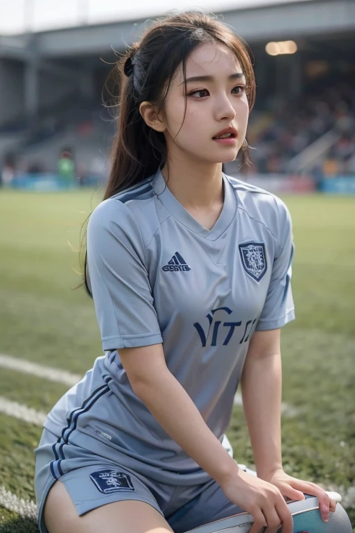 beautiful detail, best quality, 8k, highly detailed face and skin texture, high resolution, cute asian girl in grey soccer uniform at stadium, sharp focus