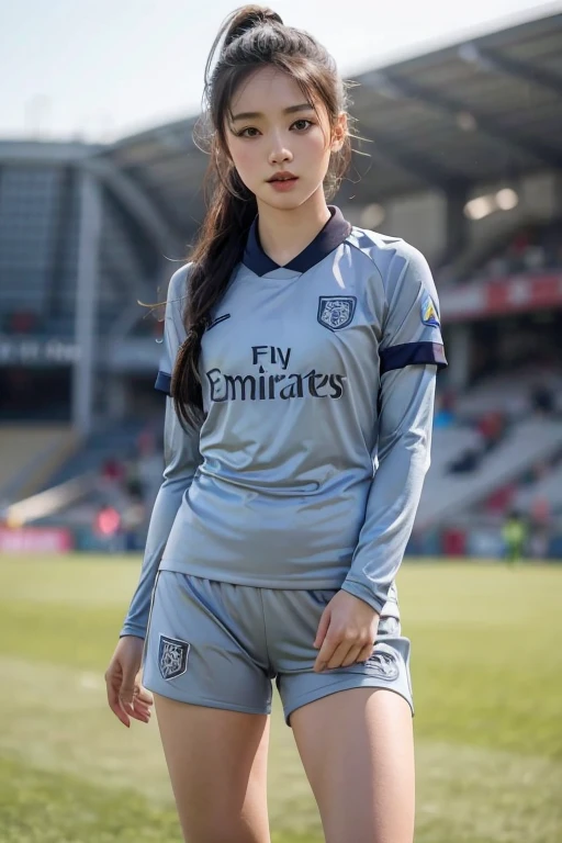 beautiful detail, best quality, 8k, highly detailed face and skin texture, high resolution, cute asian girl in grey soccer uniform at stadium, sharp focus