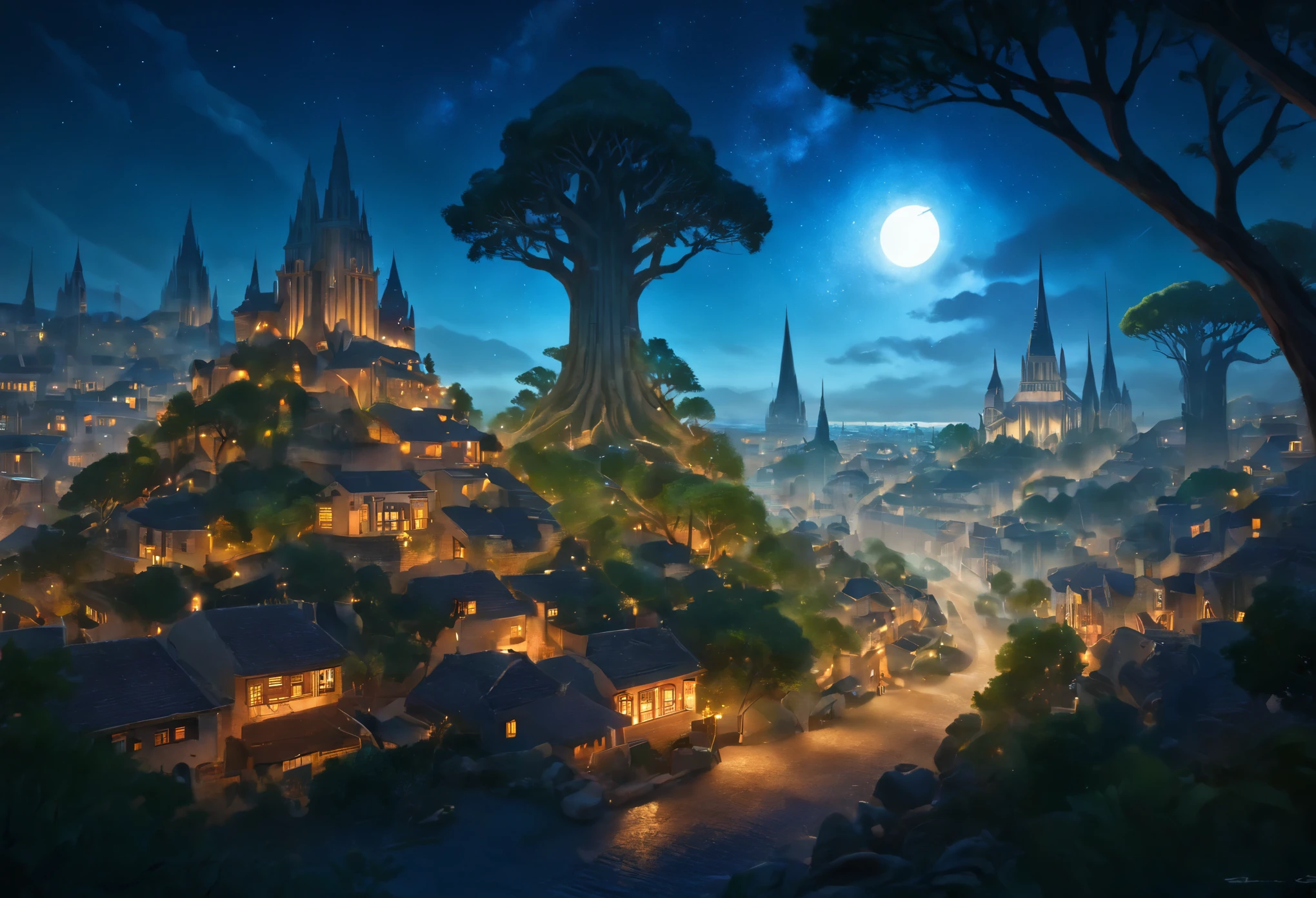 ((ciudad de duendes: 1.5)), (Obra maestra), (mejor calidad: 1.0), (ultra high resolution: 1.0), detailed illustration, paisaje detallado, vibrante colores, 8k, noche, nubes lunares, ((magical, hermoso , trees: 1.4 )), ((mejor calidad, vibrante, 32k de luz y sombras bien definidas)).