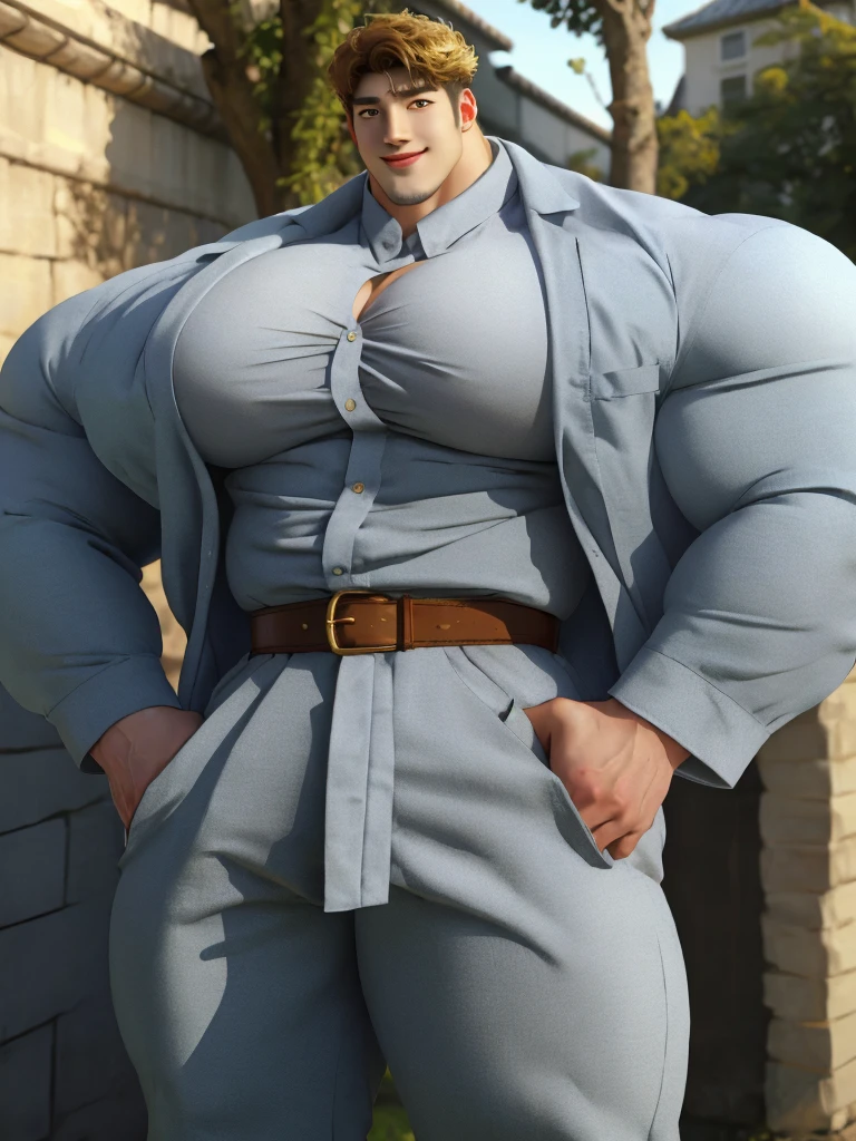 1boy korean male, (korean man with k-pop idol look), giant, model shoot style, looking at viewer, standing, strong body, standing, tailored suit & belt & pants, prominent large bulge, brutalmass, detailed face, heavy muscular, stubble, photo real, big, brutalmass, giant, muscular body, bulk, massive body, large size, smile, illuminating light, golden hour, outdoor, wall behind
