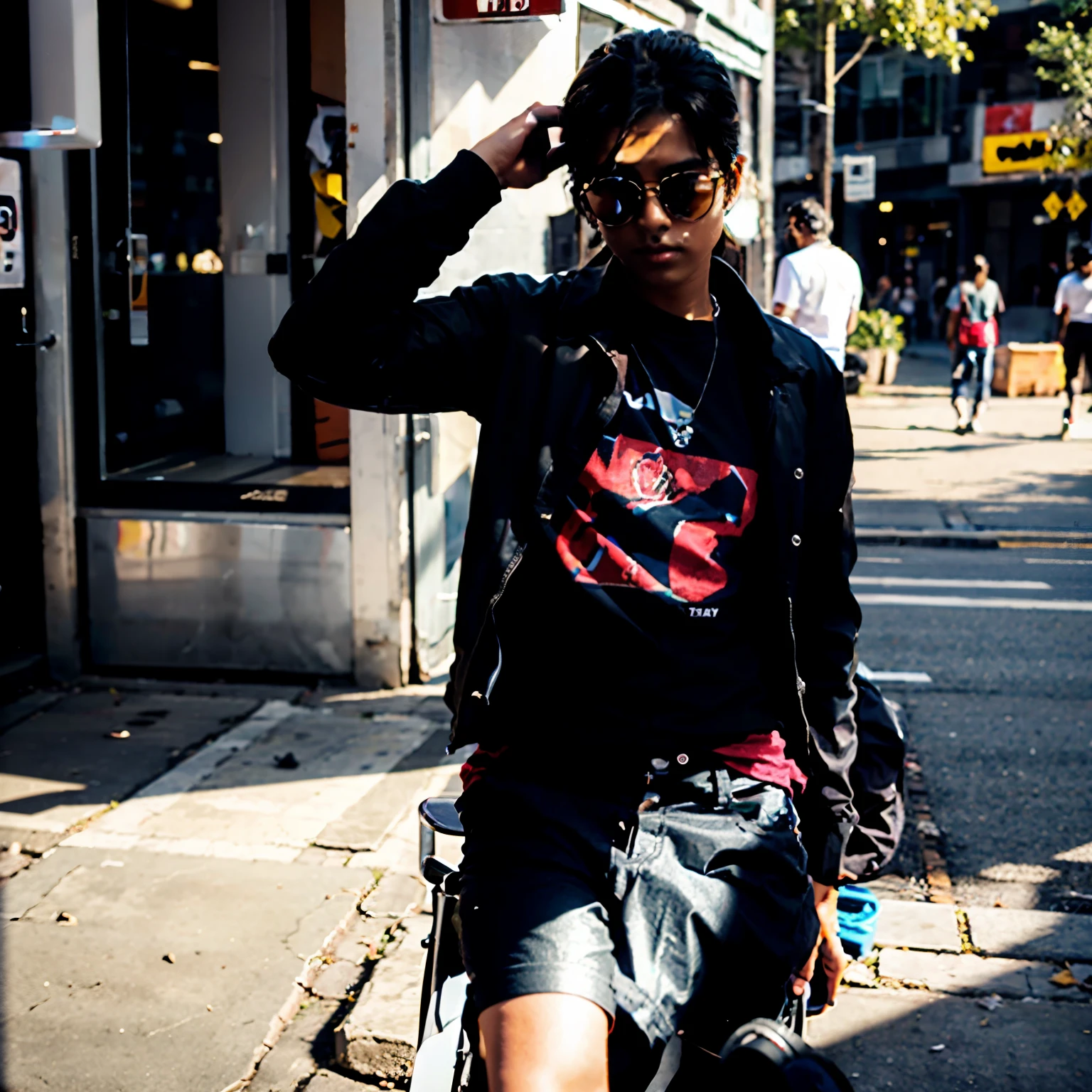 Create a 3d boy wearing sunglasses and black shirt black pant jacket and black shoeand he sit on the thar and name SARVJEET SARKAR AND NEAR STAND GIRL GIRL TAKE ROSE AND PURPOSE BOY GIRL NAME Sh...