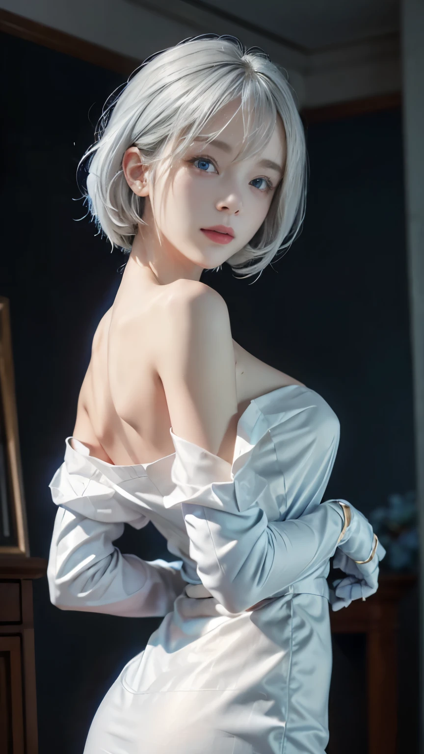 Ashley Emmaline, short hair, curly hair, girl, ultra beautiful, happy, slightly opened eyes, thin night gown, tatoo, lying on the table, close portrait, silver hair, elegant background, light background