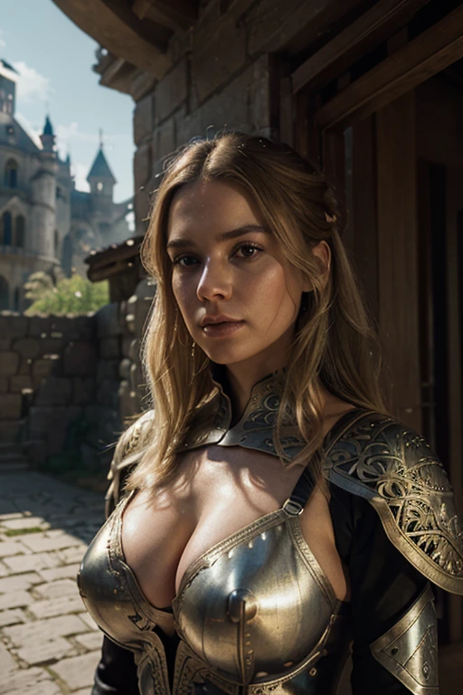 upper body, huge breasts, woman, (masterpiece), (extremely intricate:1.3), (realistic), portrait of a girl, blonde hair, (medieval armor), metal reflections, upper body, outdoors, intense sunlight, far away castle, professional oil painting of a stunning woman by Ed Blinkey and Atey Ghailan and Jeremy Mann and Greg Rutkowski, detailed, sharp focus, dramatic, award winning, matte drawing, cinematic lighting, octane render, volumetrics dtx