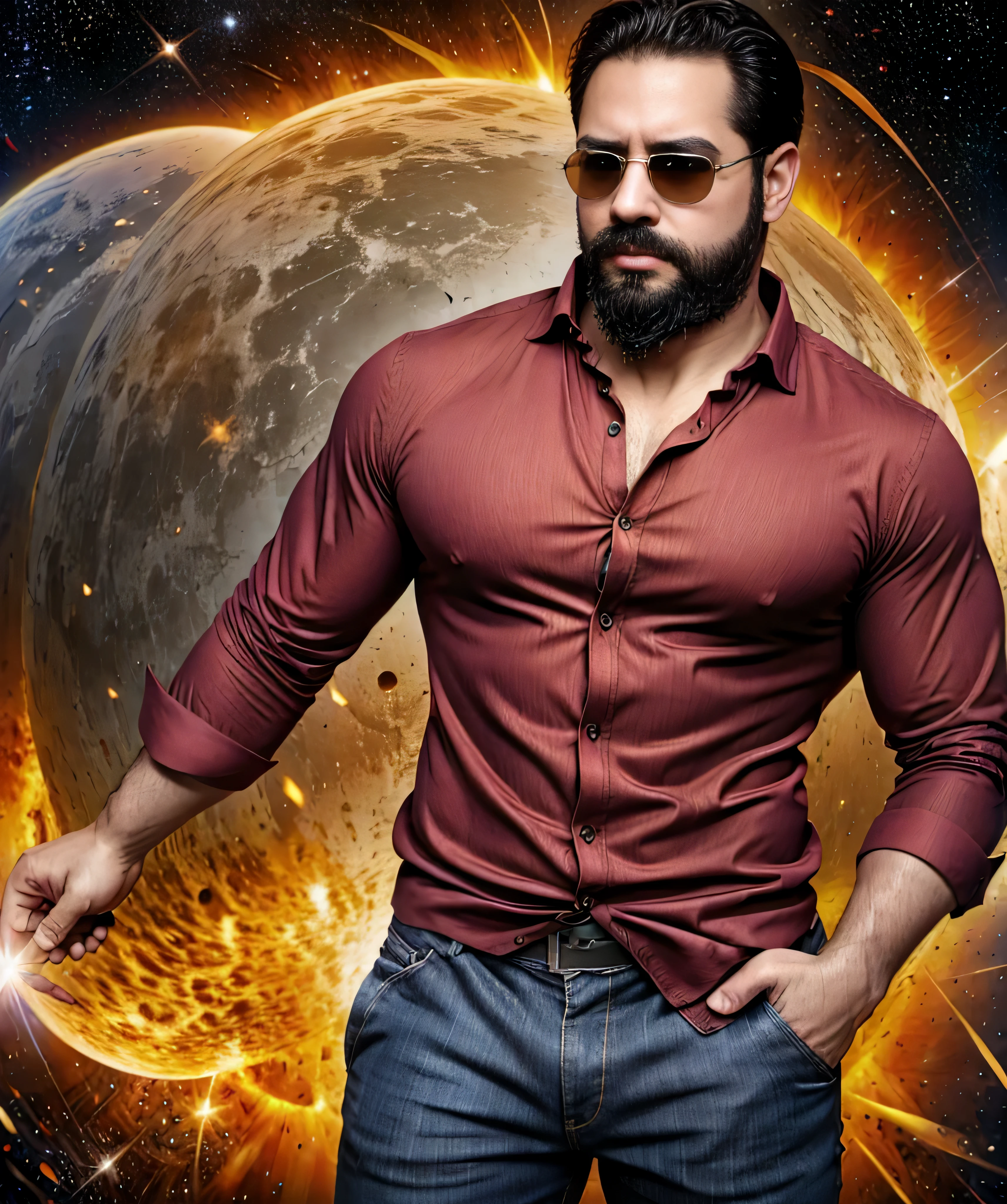 Obra maestra, desenfoque de campo, Parte superior del cuerpo, Hands in pants pockets, 38 year old chubby man with beard and square sunglasses.. Man in a cherry shirt in a space movie with a solar explosion in the background.