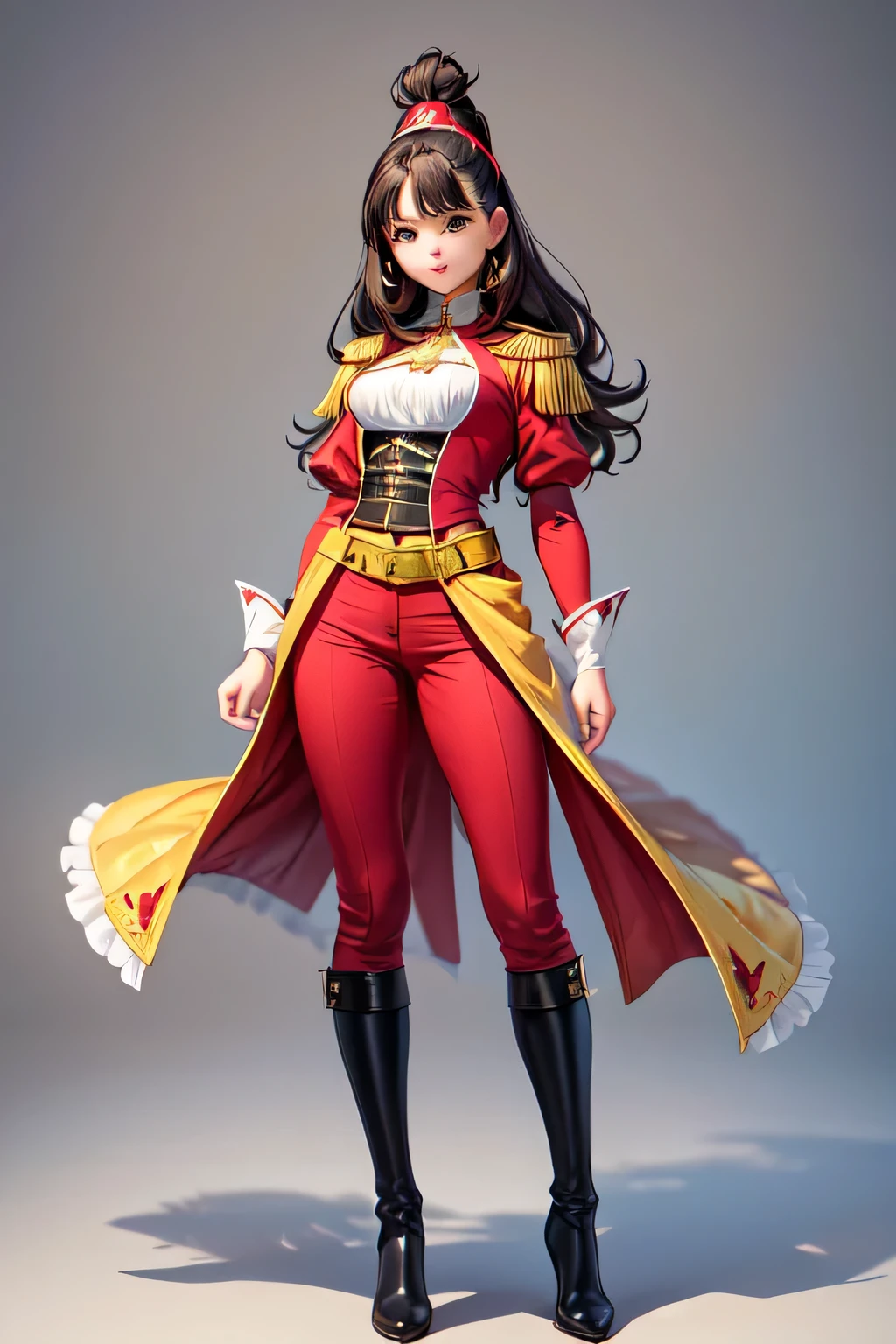 ((mejor calidad)), ((Obra maestra)), (detallado), cara perfecta. young girl 14 years, Spanish from the year 1700, cabello rojo, He wears a complete red duelist bullfighter costume and black Renaissance-style pants., botas rojas, very thin build, cuerpo completo  