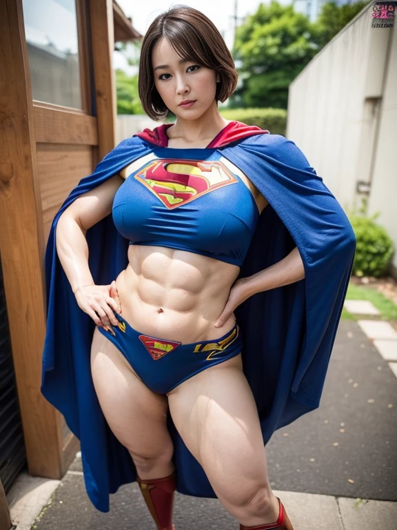 ((Great quality,Great quality,high quality, very beautiful,beautiful, 最high quality, Realistic)),(hand on hip,open stance,armpit),((Dress up as Supergirl, cloak)),((stomach cutout)),Short sideburns,Forehead, short hair, Strong legs,Detailed body,photograph,3D, texture,, View your viewers, ((最high quality, Great quality, very beautiful, Absurd))、(Perfect beautiful face 1.2),(anger),Flushed Cheeks,Heavy breathing,(Perfect and beautiful posture:1.2),(40 year old beautiful Japanese woman),(Mature Woman),(face with makeup),bodybuilder,((Huge breasts)),Big Ass, (thick muscular body),(Sweating all over the body:1.2),超高解像度のphotograph,Looking at the camera,(Stand facing forward),(full body),