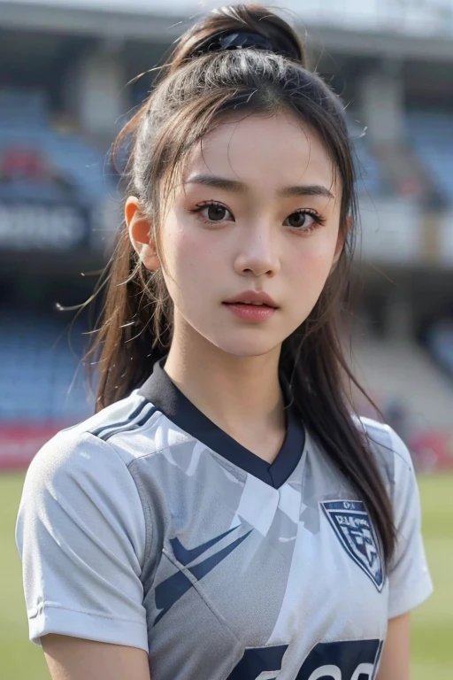beautiful detail, best quality, 8k, highly detailed face and skin texture, high resolution, cute asian girl in grey soccer uniform at stadium, sharp focus