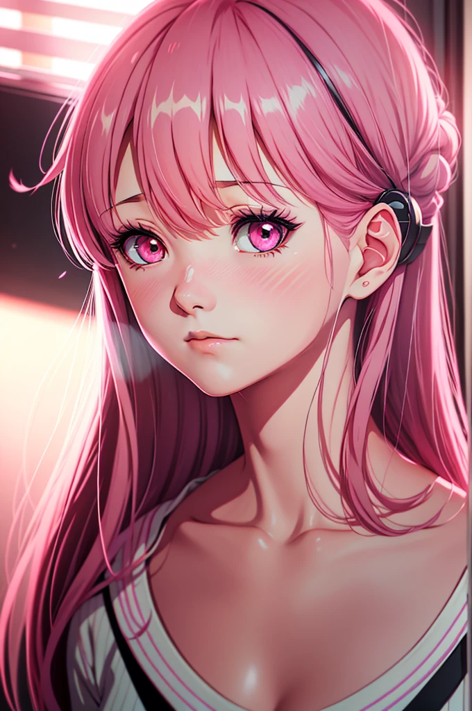 Parted bangs, Medium Hair, Pink Hairband, Close one eye, Pink Eyes, shy, Anime Style, Film Grain, reflected light, Ray Tracing, Shining Light, Moving Chart, 16k, Textured skin，Hair covering the ears