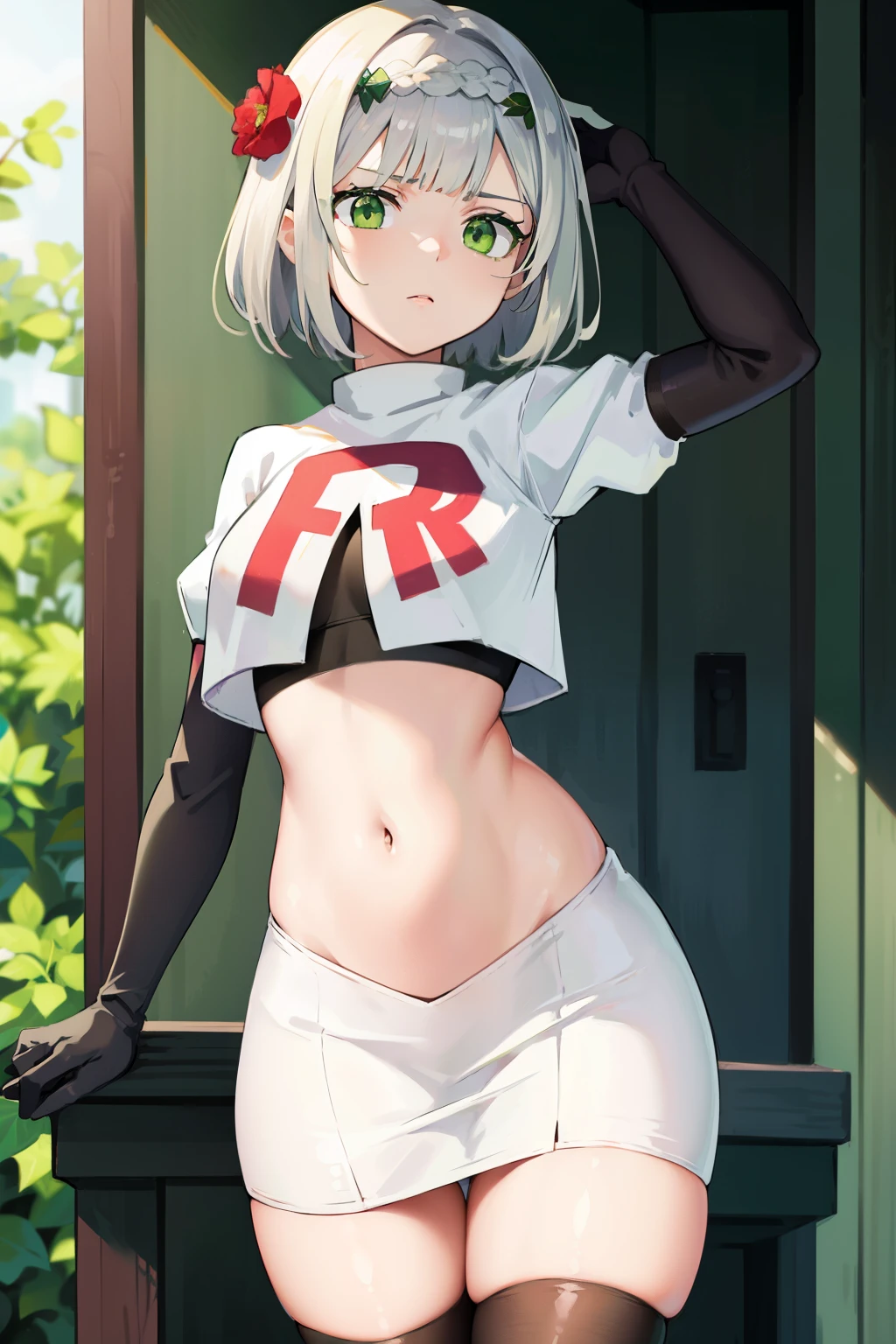 genshinnoelle, noelle, braid, flower, hair flower, hair ornament, short hair, silver hair, (green eyes:1.5),team rocket,team rocket uniform,white skirt,red letter R,crop top,black thigh-highs,black elbow gloves 