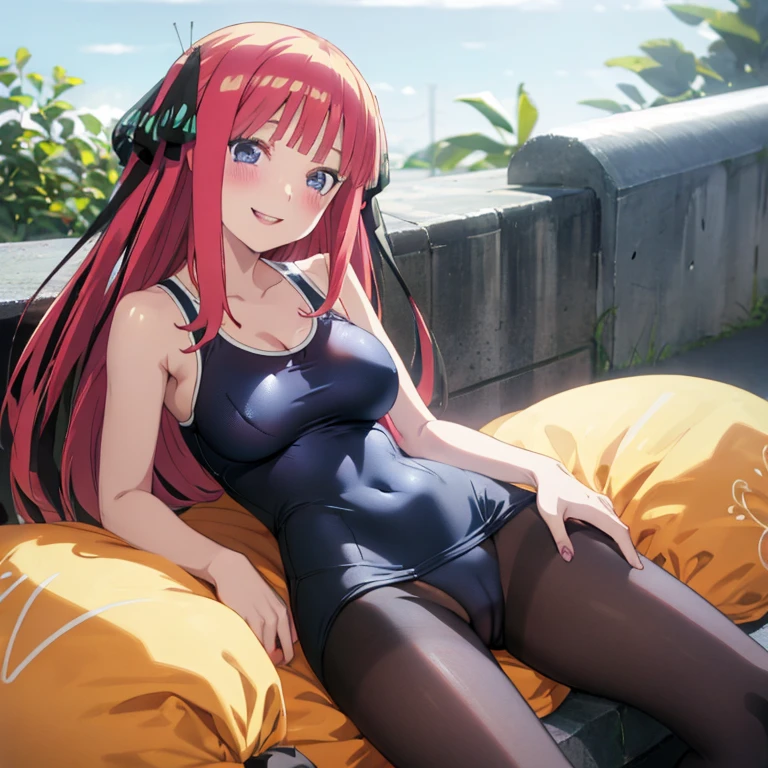 best quality, ultra-detailed masterpiece, anime art style, cute characters, nino nakano, one-piece swimsuit, large breasts, pantyhose, blush, smile, pussy focus