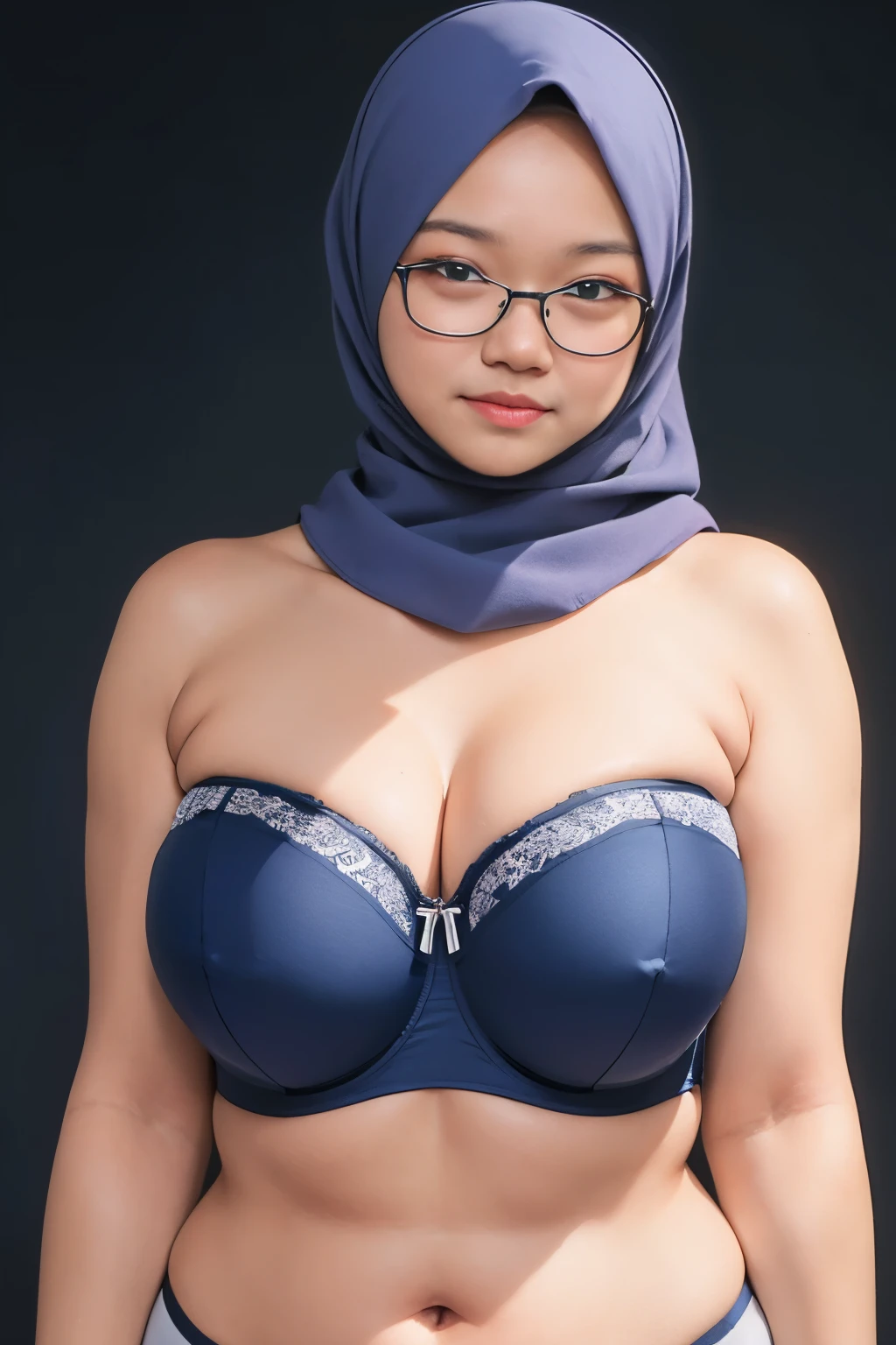 ((Green Fluorescence)), (from behind up) seductive pose, 1 malay girl, modern plain hijab, shy, medium portrait, watery eyes, ((big breasts:1.8)), bokeh background, well-proportioned body,, chubby massive thighs, half body pose, wearing strapless top bra, glasses , ((huge strapless bra:1.5)), ((plumpers:1.3))
