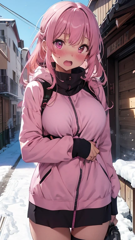 mastute piece,Best Quality,insanely detailed,8k cg,
shoot upper body,
1woman,18age,standing,body in front,looking at viewer,(pink snow-board-wear),break,
blush,shy,(trembling:1.2),pink hair,break,open mouth,large breast,ski-resart,ski-slope,snow,