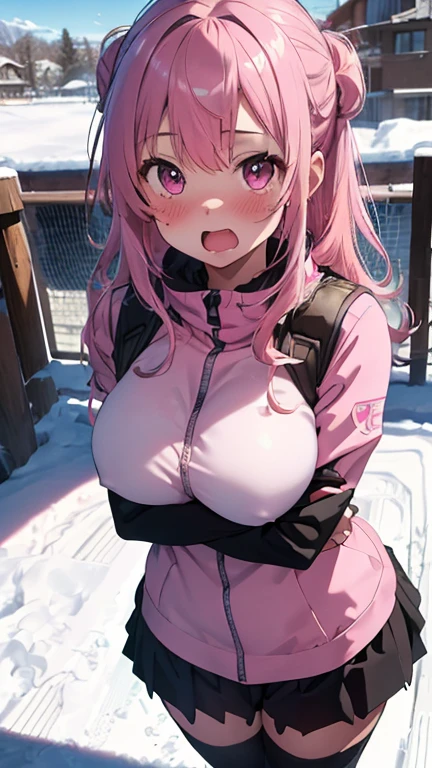 mastute piece,Best Quality,insanely detailed,8k cg,
shoot upper body,
1woman,18age,standing,body in front,looking at viewer,(pink snow-board-wear),break,
blush,shy,(trembling:1.2),pink hair,break,open mouth,large breast,ski-resart,ski-slope,snow,