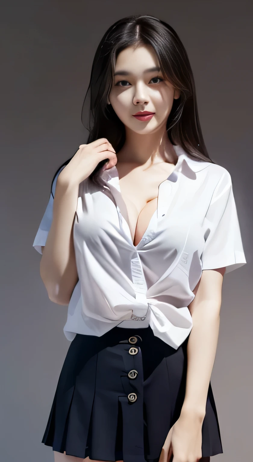 Enhanced Dynamic Perspective,Cute pretty beautiful girl,((school uniform, Short sleeve shirt))、Short pleated skirt、look at me and smile,Simple Background,Masterpieces,high quality,4K resolution,Ultra-fine,More about pubic hair,Accurate,Cinema Lighting,Keep the original face proportions、((Button Gap)(Cleavage))