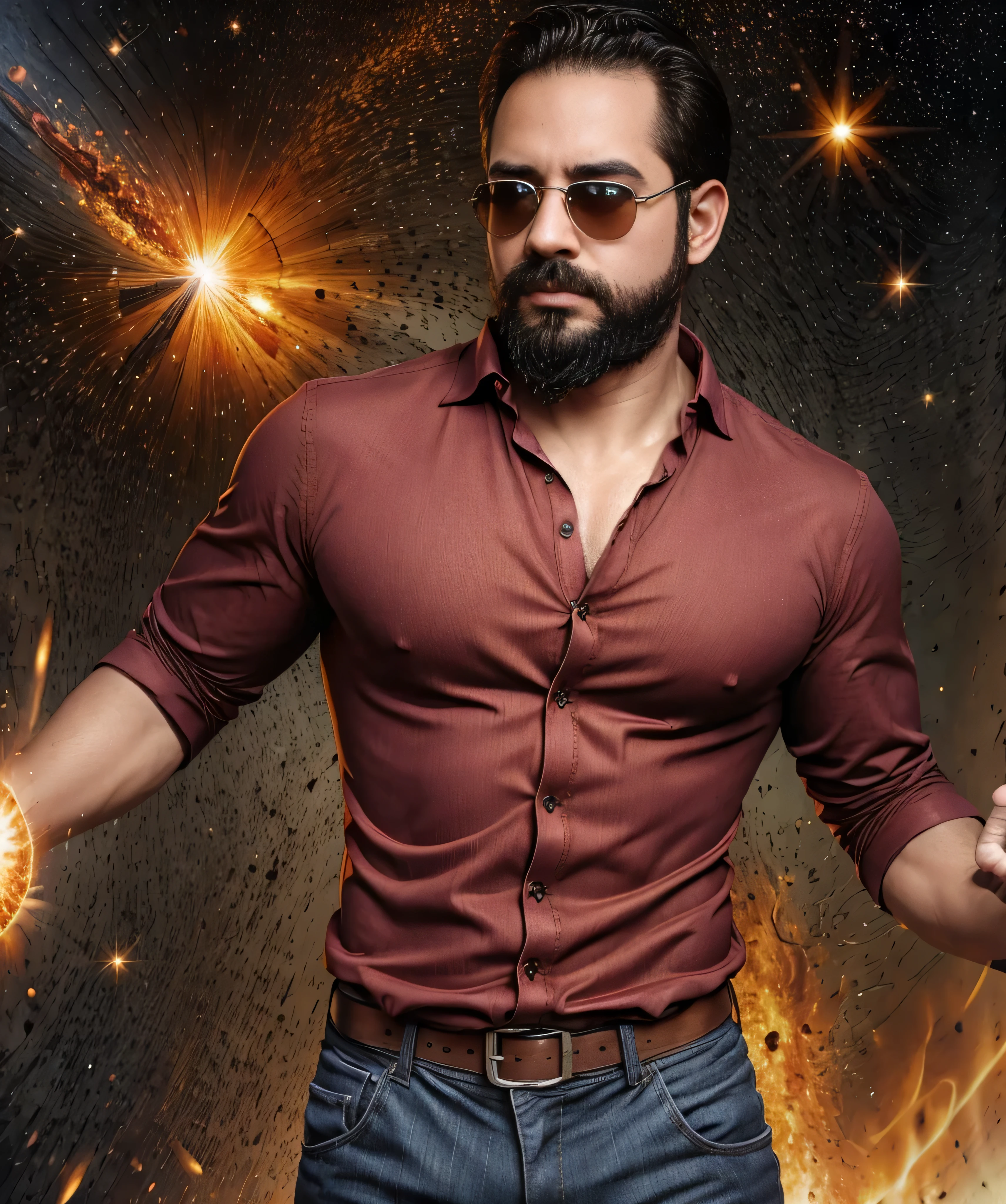 Obra maestra, desenfoque de campo, Parte superior del cuerpo, Hands in pants pockets, 38 year old chubby man with beard and square sunglasses.. Man in a cherry shirt in a space movie with a solar explosion in the background.