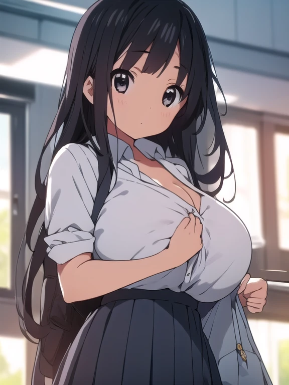 mioakiyama, mio akiyama, long hair, bangs, black hair, (black eyes:1.3), hime cut,
BREAK sakuragaoka high , , uniform, blazer, shirt, white shirt, collared shirt, skirt, pleated skirt,
BREAK indoors, classroom, (ultra detailed breast skin texture:1.2, ultra enormous gigantic breast expansion :1.2, ), (ultra detailed breast skin texture:1.2, ultra enormous gigantic breast expansion :1.2, ), (enormous breasts, cleavage, cute hips, thin waist), 
BREAK looking at viewer, (cowboy shot:1.5),
BREAK (masterpiece:1.2), best quality, high resolution, unity 8k wallpaper, (illustration:0.8), (beautiful detailed eyes:1.6), extremely detailed face, perfect lighting, extremely detailed CG, (perfect hands, perfect anatomy),
