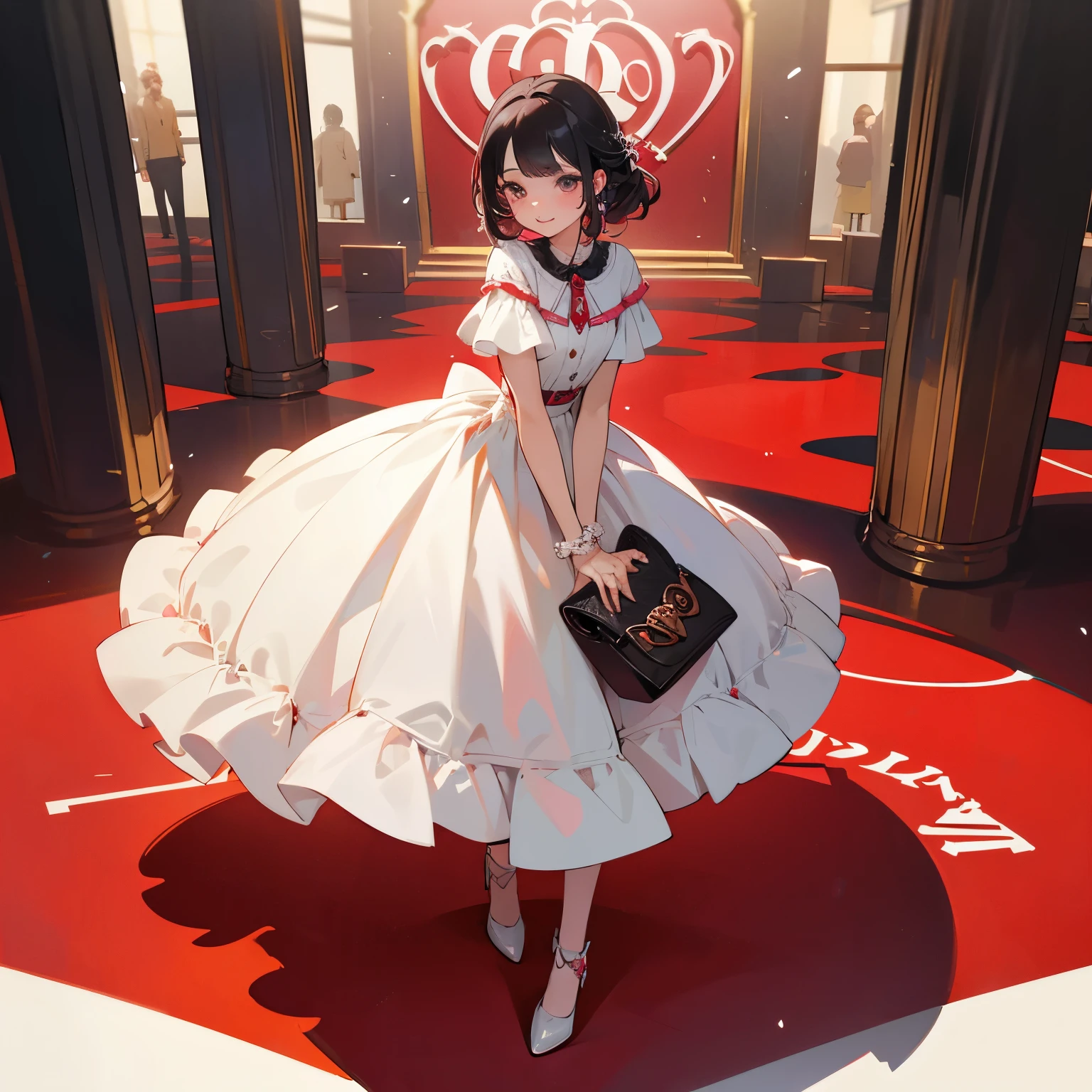 Una chica de piel palida ojos amarilos pelo largo de color rojo vistiendo una camisa corta blanca un short de mezcllentes de corazon rosas y zapatos negros lindos camina en un centro comercial con bolsas de marcas caras (como vercace, gucci, Louis Vutton y Dior) sonriendo