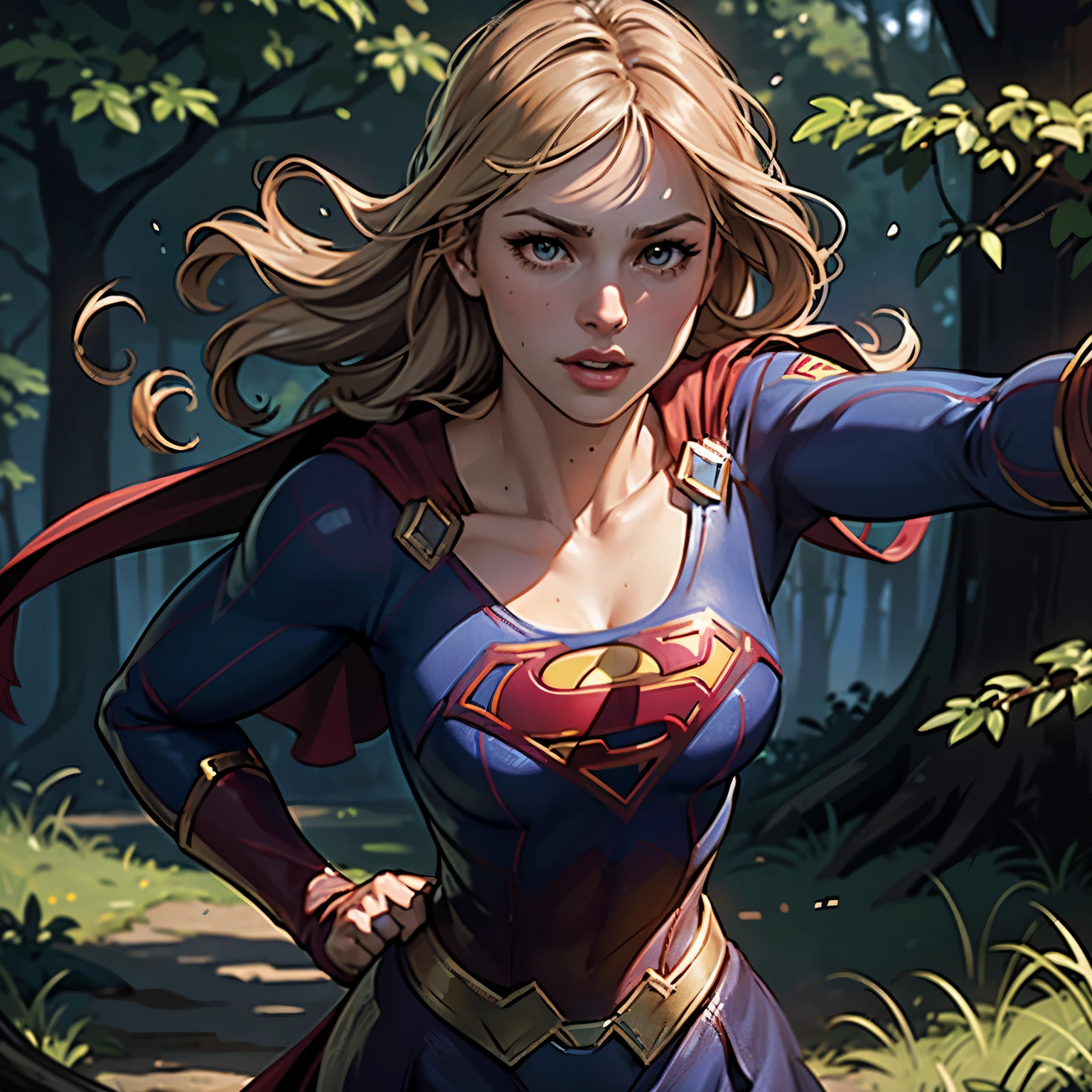 ((highest quality)), ((masterpiece)), (be familiar with), (High definition), (Realistic), (Realistic), (Best Shadow), Low contrast, (Complex:1.4), Side lighting, 8K, ((melissa Benoist)), ((SUPER GIRL)), Perfect Face、Detailed、(Accurate hand and finger depiction)、supergirl women、Blonde、Voluptuous body、Large Breasts、Narrow waist、Big Ass、Alluring、glamorous、(Action Scenes)、((Punching an enemy:1.2))、sweating、On the grass、in the deep forest、blue sky、((Upper body close-up:1.2))