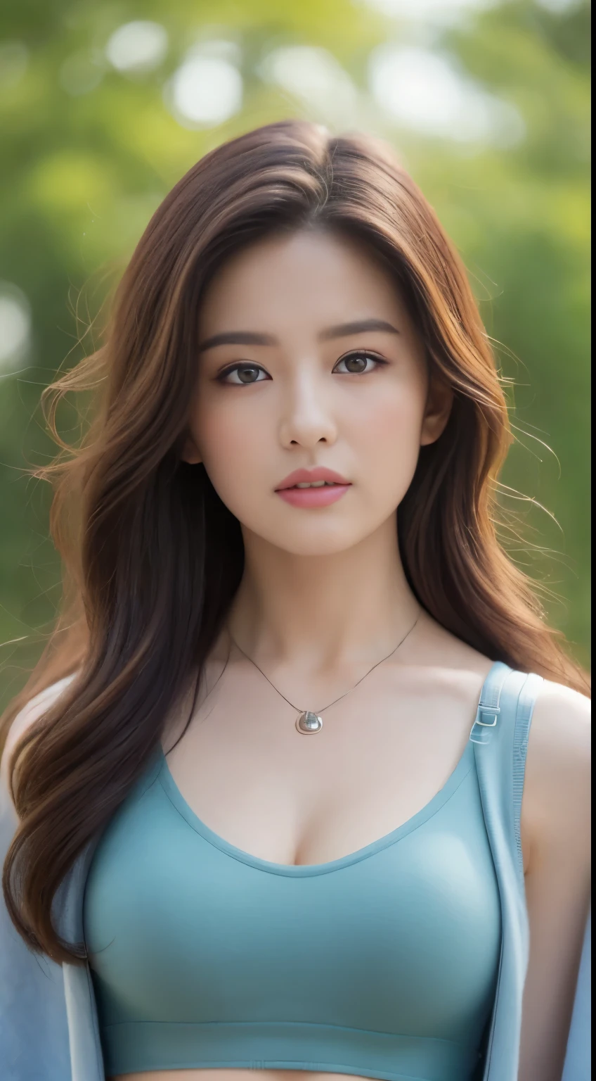 ((Best quality, 8K, Masterpiece :1.3)), Sharp focus :1.2, perfect figure beautiful woman:1.4, Slim abs:1.2, ((Layered Hair Style, large tit:1.2)), (jacket and tank top , bra strap), (parks:1.2), Highly detailed facial and skin texture, A detailed eye, double eyelid, necklace, fullbody, mid-shot