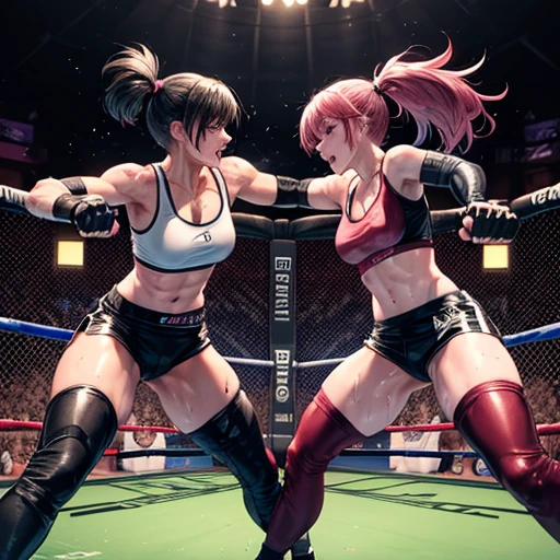 Two beautiful female fighters with a fighting spirit. Battle royal in the octagon. They are attacking fiercely by punches and kicks. They are fully wounded. They are very sweaty. Torn and tattered tank top and spats, open finger gloves. Erect pink nipples. Short-cut black hair.