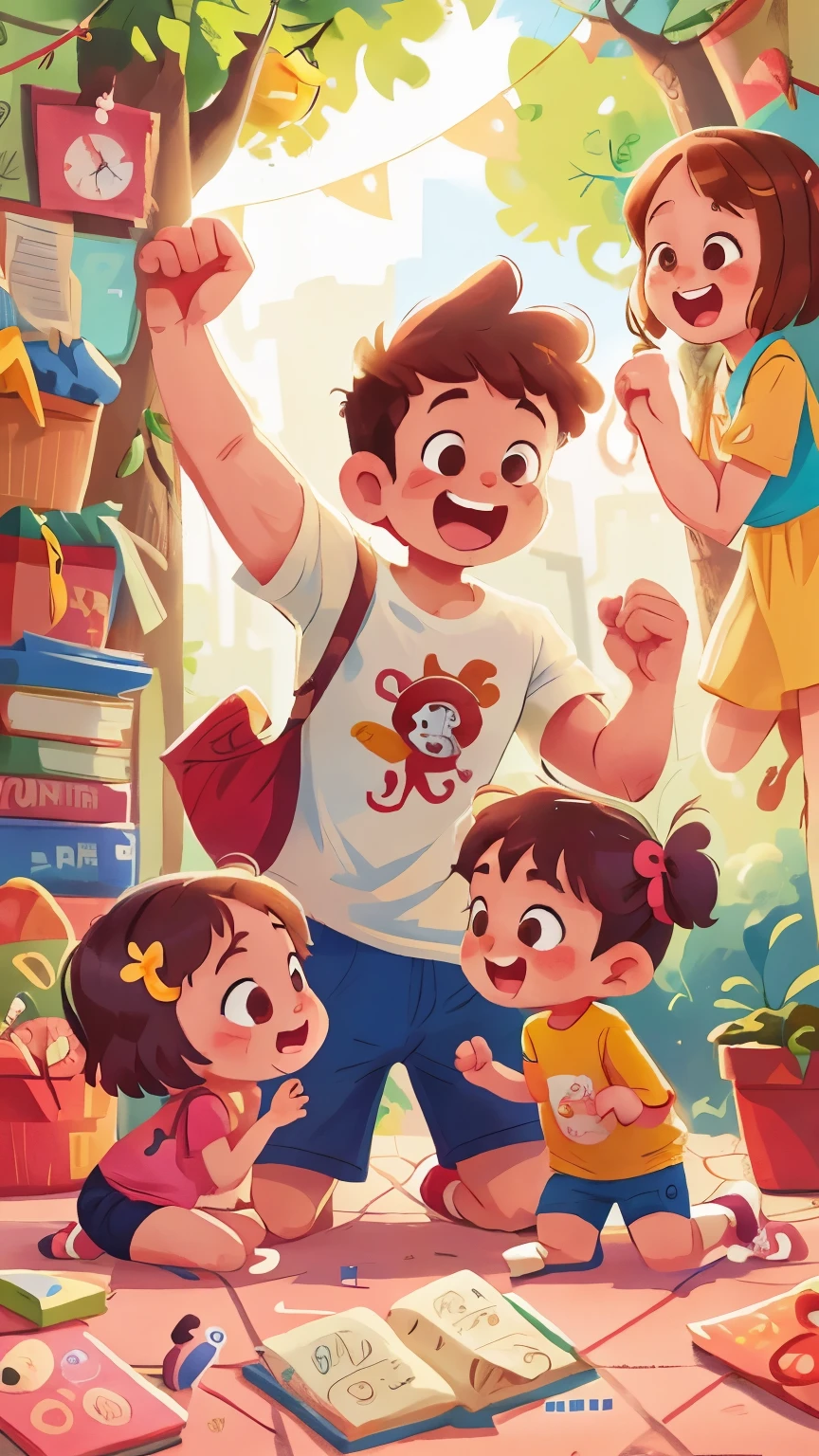Two children playing while a father and mother watch them happily, the children are 5 years old, autismo