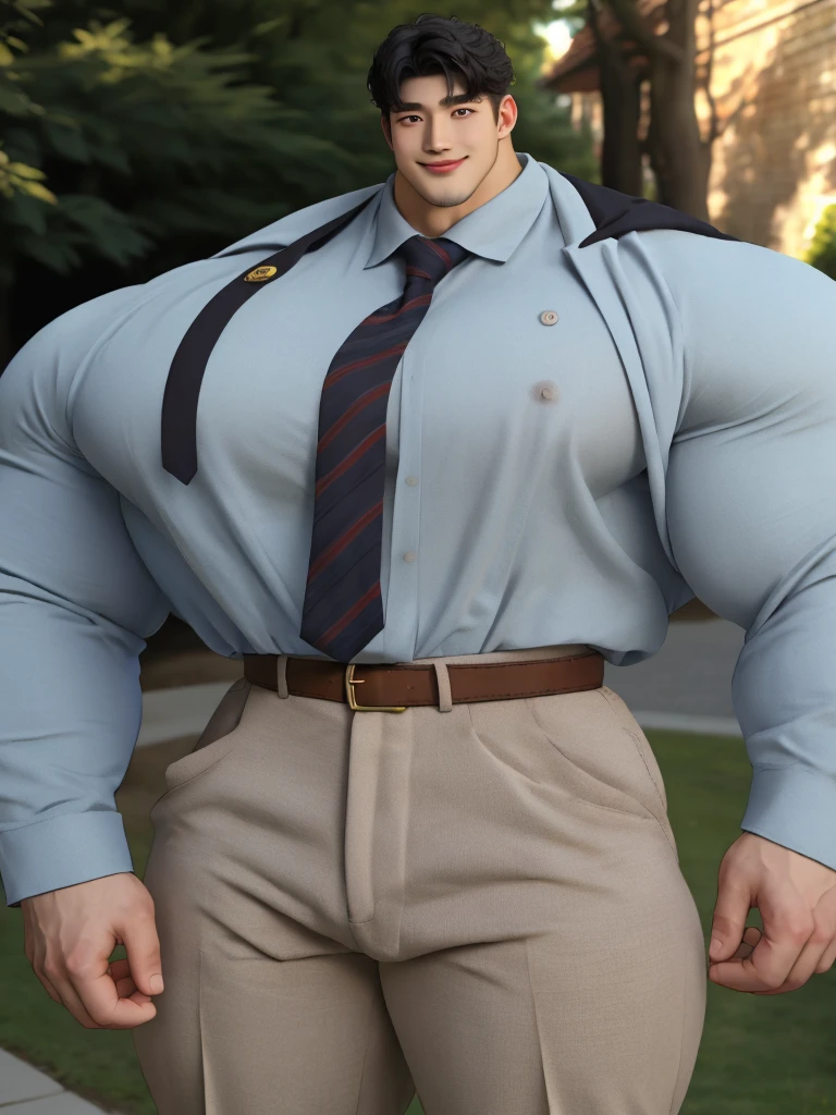 1boy korean male, (korean man with k-pop idol look), giant, black hair, model shoot style, looking at viewer, standing, strong body, standing, tailored suit & belt & pants, prominent large bulge, brutalmass, detailed face, heavy muscular, stubble, photo real, very big, brutalmass, giant, muscular body, bulk, buff, massive body, large size, smile, illuminating light, outdoor, wall behind